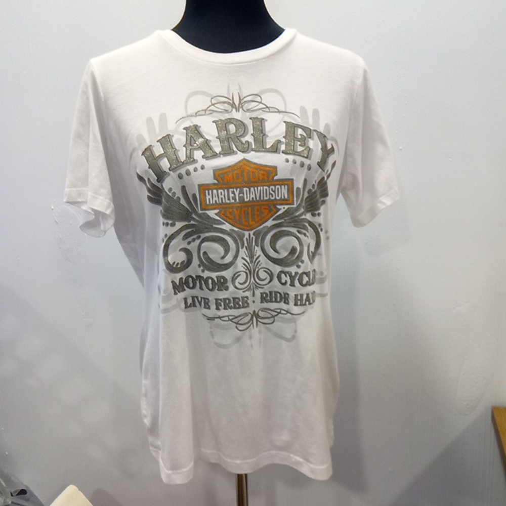 Harley-Davidson White and Silver Graphic Short Sleeve Tee Ladies Size XL